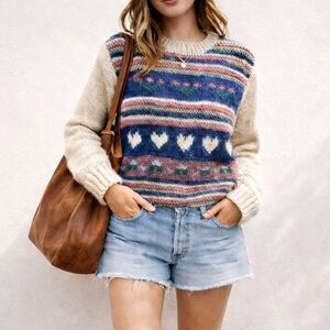 Hand Knit Heart Fair Isle Sweater | Cottagecore Spring Sweater | Size Medium